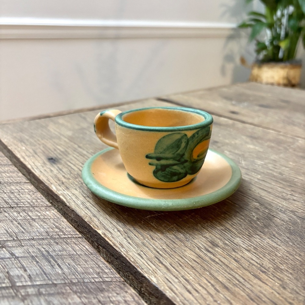 Ceramic Hand-Painted‎ Hand Made Earthenware Cup & Saucer Clay Green MCM Expresso